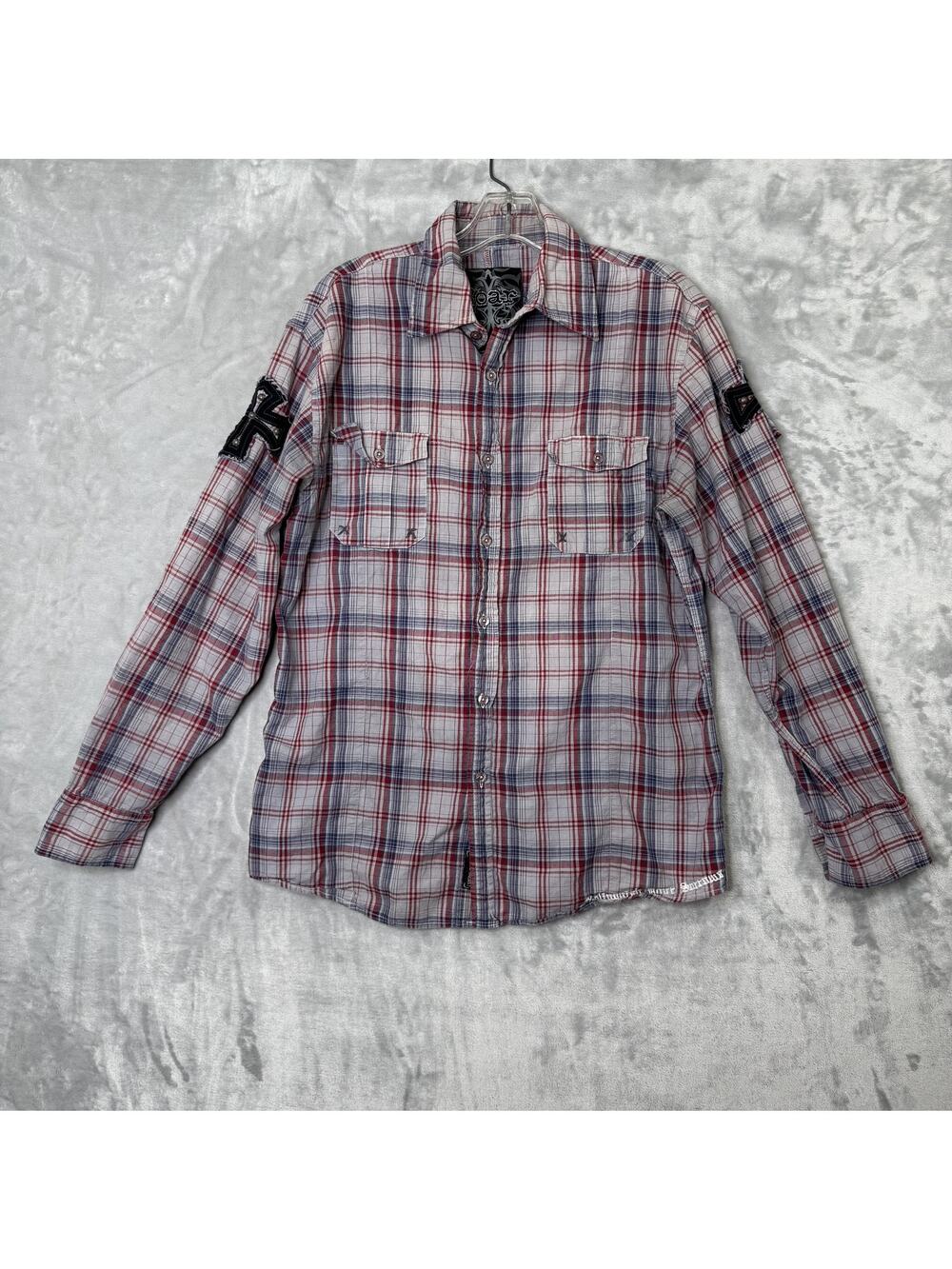 Roar Shirt Mens Medium Red Blue Plaid Western Cross Embroidered Studded Rock